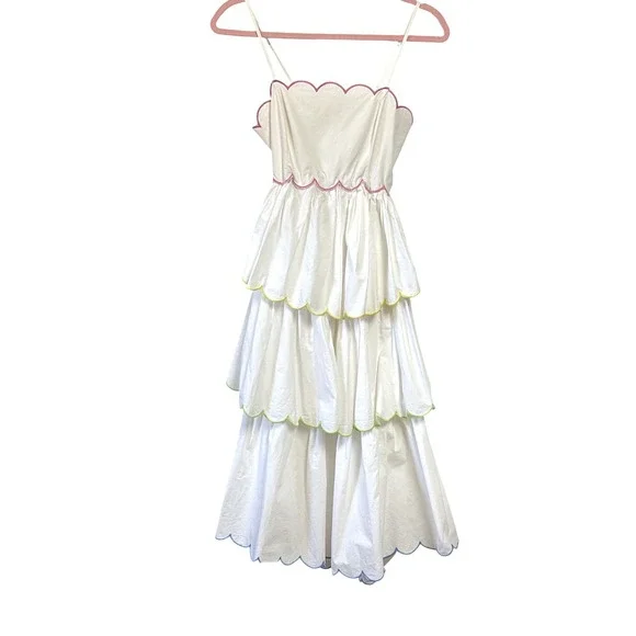 English Factory White Scalloped Tiered Midi Dress Multi Color Trim Whimsical XS - Picture 3 of 9
